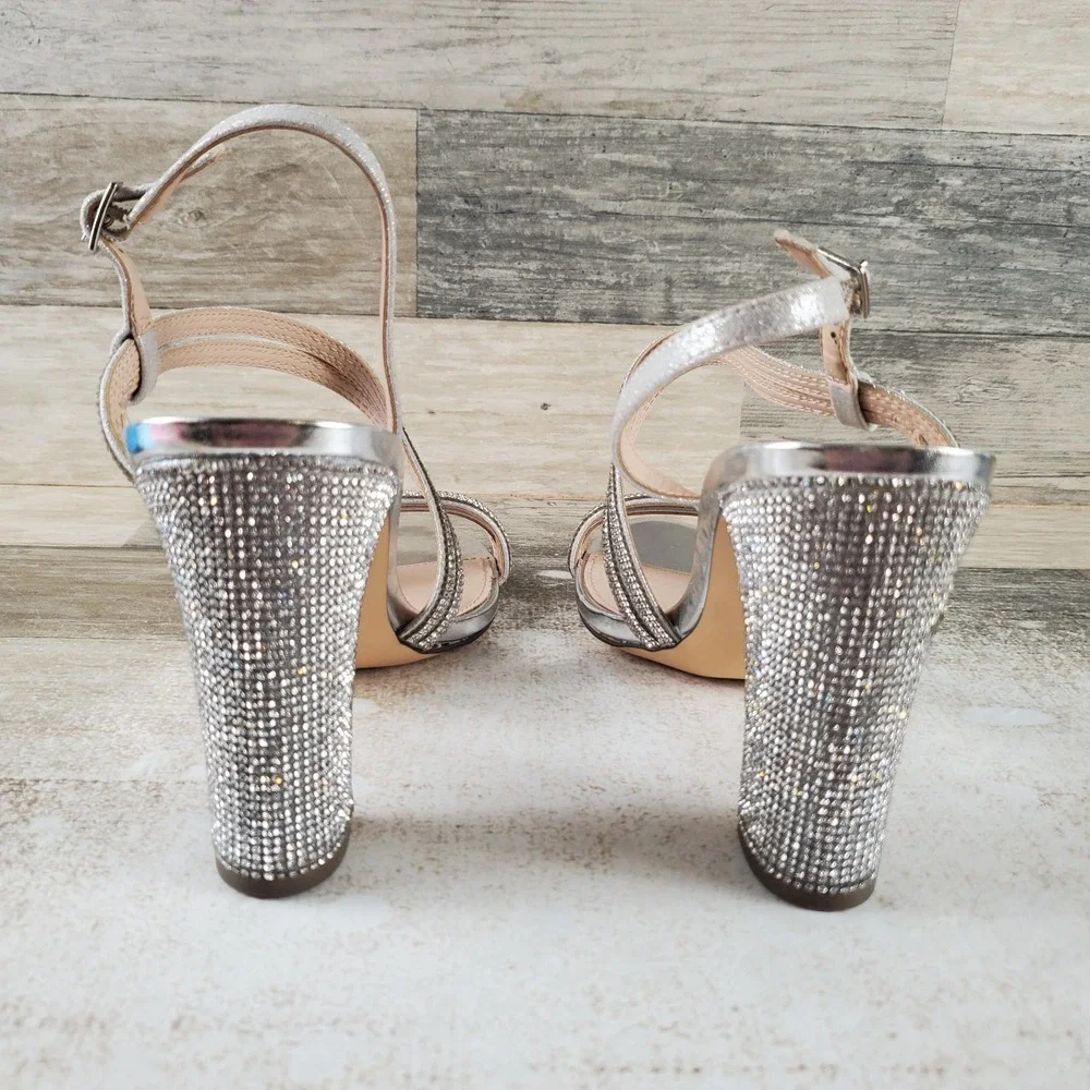 Nina Sabetha Womens Sandals Sz 9.5 M White Rhinestone Embellished Block Heel
